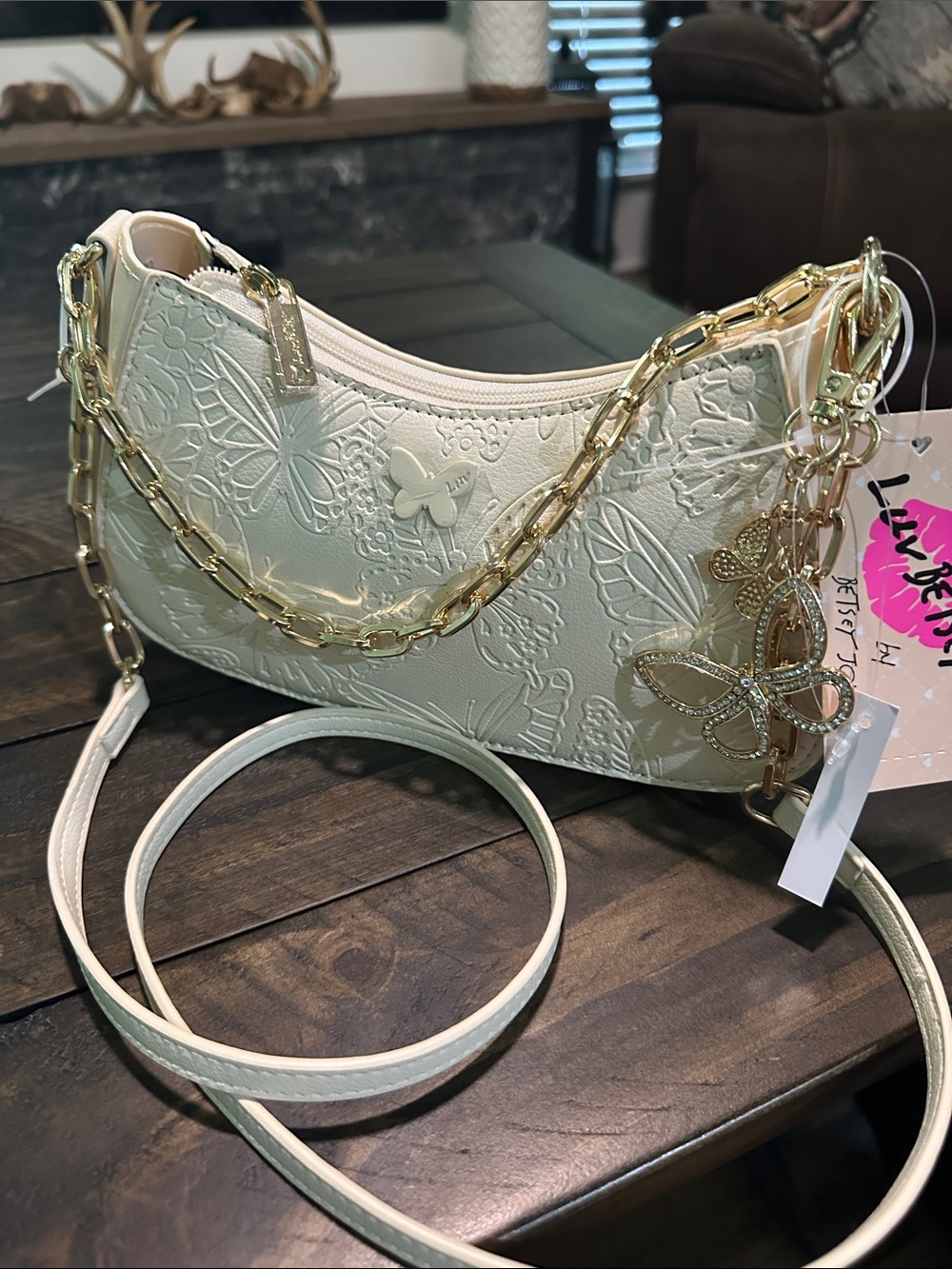 Betsey Johnson Cream Embossed Butterfly Crossbody Bag with Gold Chain